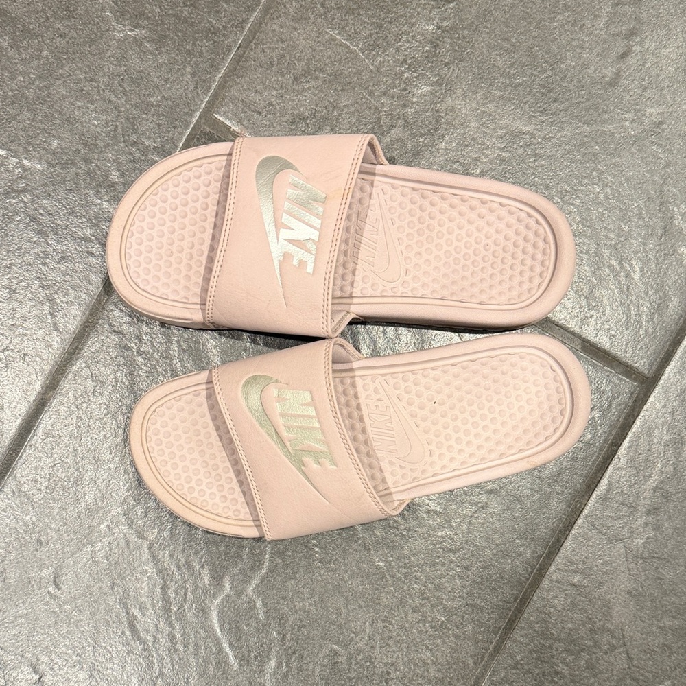 Nike Soft Pink Slide Sandals with Silver Logo